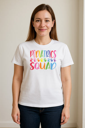 Pediatrics Squad T-Shirt, Colorful Handprint Design for Pediatric Nurses and Care Teams