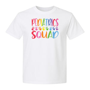 Pediatrics Squad T-Shirt, Colorful Handprint Design for Pediatric Nurses and Care Teams