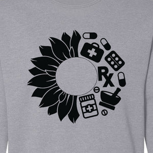 Pharmacy Technician Sweatshirt, Sunflower and Rx Medication Icon Design for Pharmacist Students