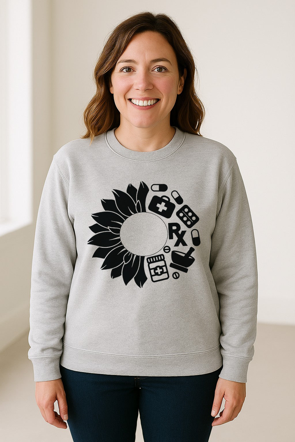 Pharmacy Technician Sweatshirt, Sunflower and Rx Medication Icon Design for Pharmacist Students