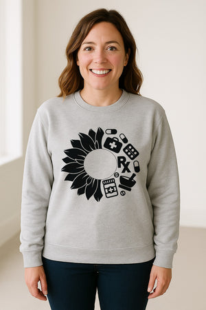 Pharmacy Technician Sweatshirt, Sunflower and Rx Medication Icon Design for Pharmacist Students