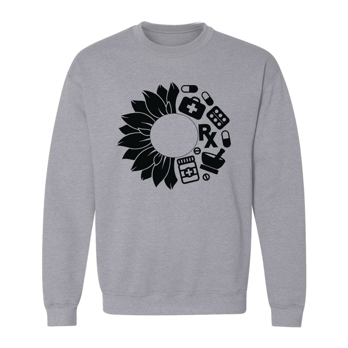 Pharmacy Technician Sweatshirt, Sunflower and Rx Medication Icon Design for Pharmacist Students