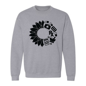 Pharmacy Technician Sweatshirt, Sunflower and Rx Medication Icon Design for Pharmacist Students