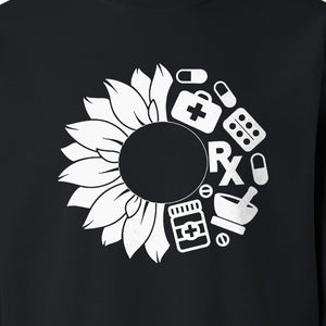 Pharmacy Technician Sweatshirt, Sunflower and Rx Medication Icon Design for Pharmacist Students