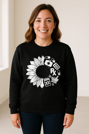 Pharmacy Technician Sweatshirt, Sunflower and Rx Medication Icon Design for Pharmacist Students