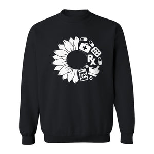 Pharmacy Technician Sweatshirt, Sunflower and Rx Medication Icon Design for Pharmacist Students