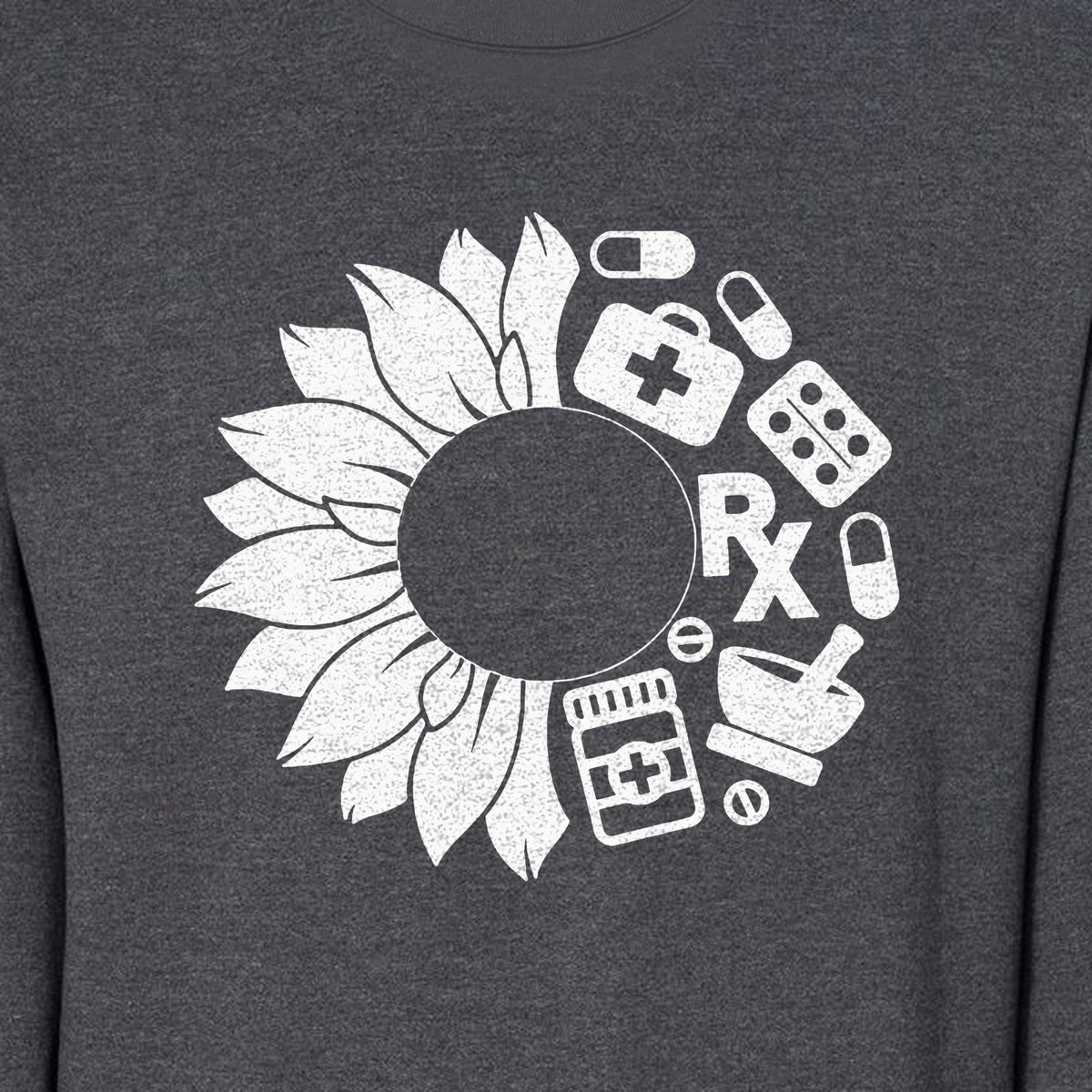 Pharmacy Technician Sweatshirt, Sunflower and Rx Medication Icon Design for Pharmacist Students