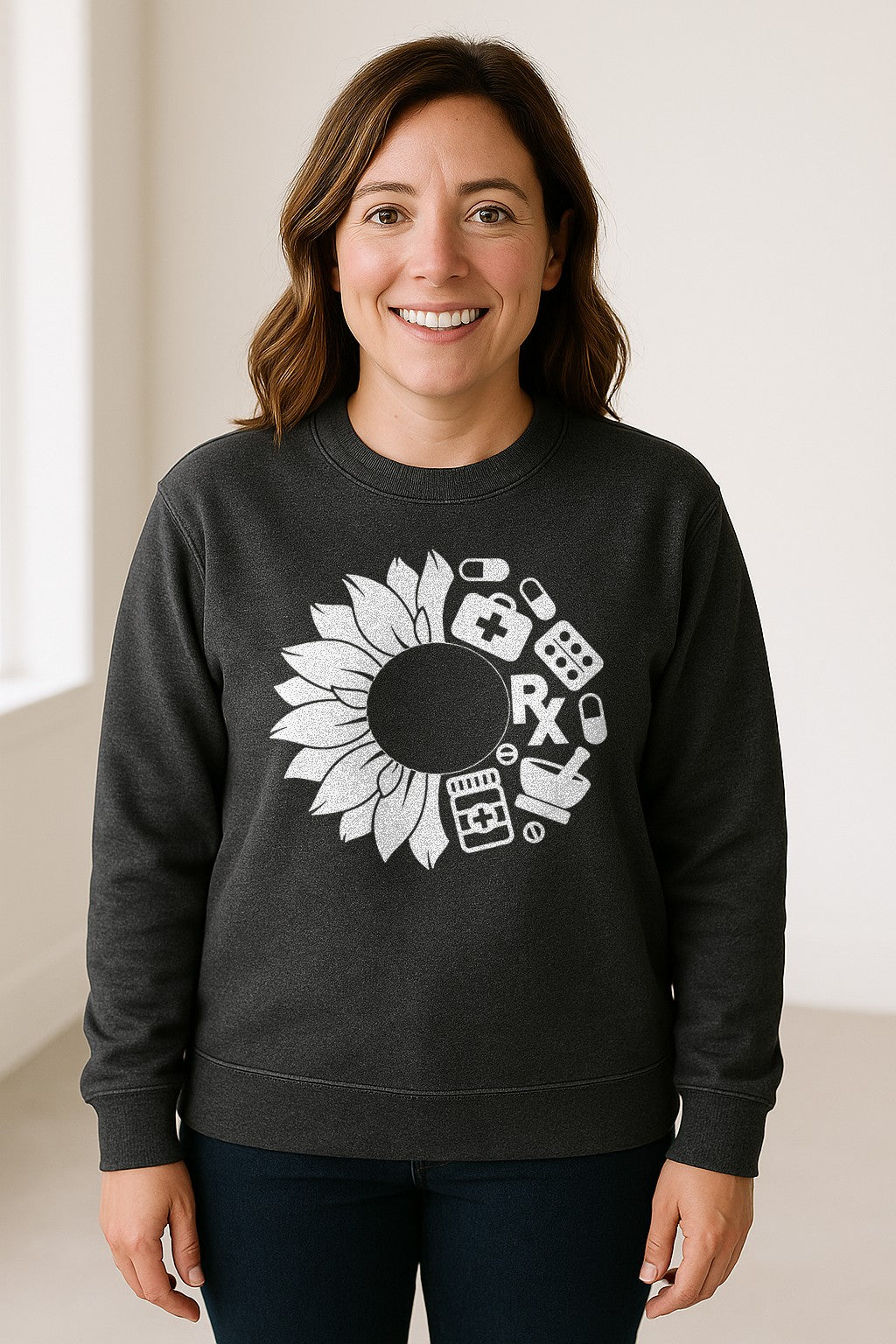 Pharmacy Technician Sweatshirt, Sunflower and Rx Medication Icon Design for Pharmacist Students