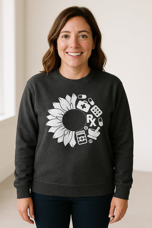 Pharmacy Technician Sweatshirt, Sunflower and Rx Medication Icon Design for Pharmacist Students