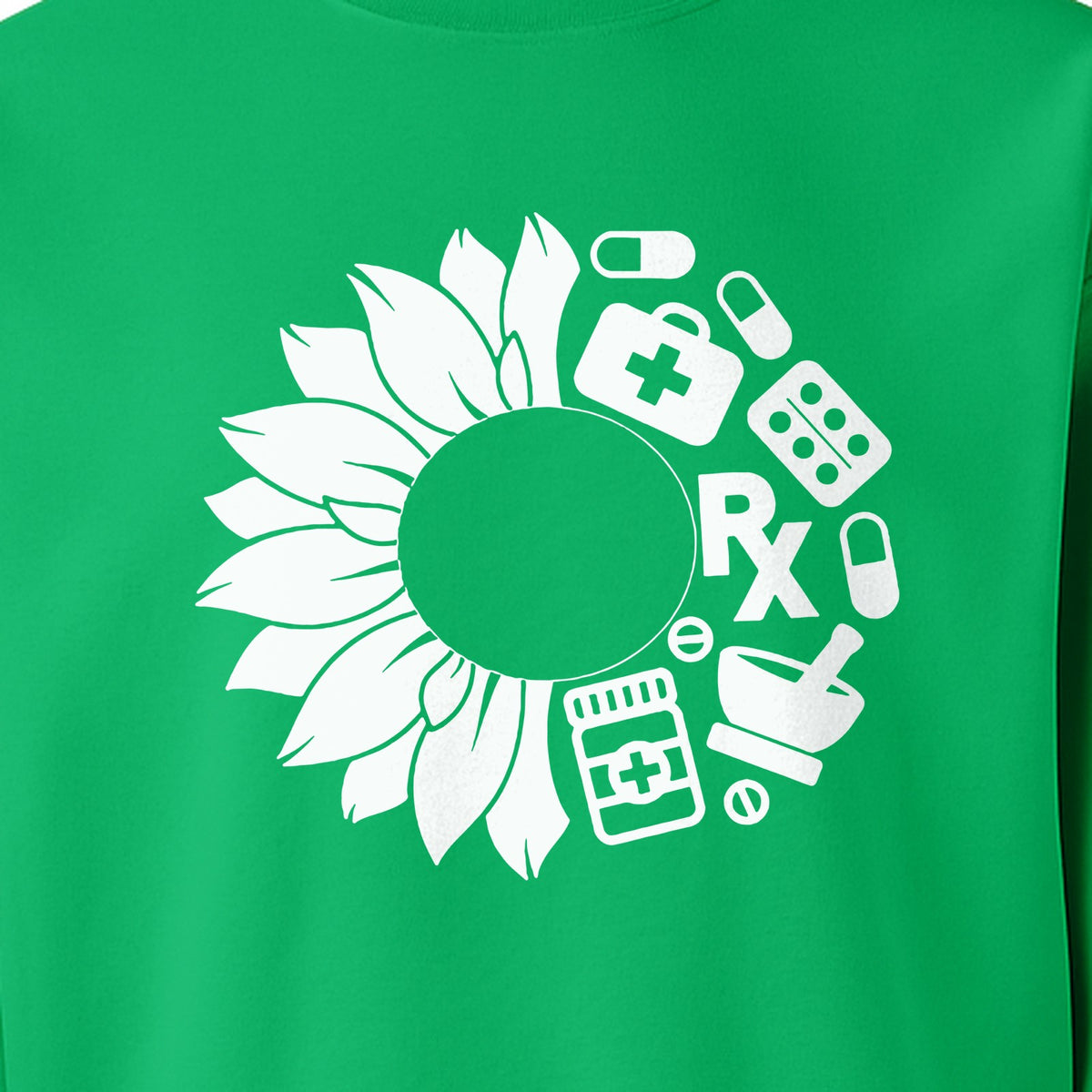Pharmacy Technician Sweatshirt, Sunflower and Rx Medication Icon Design for Pharmacist Students