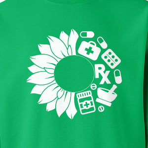 Pharmacy Technician Sweatshirt, Sunflower and Rx Medication Icon Design for Pharmacist Students