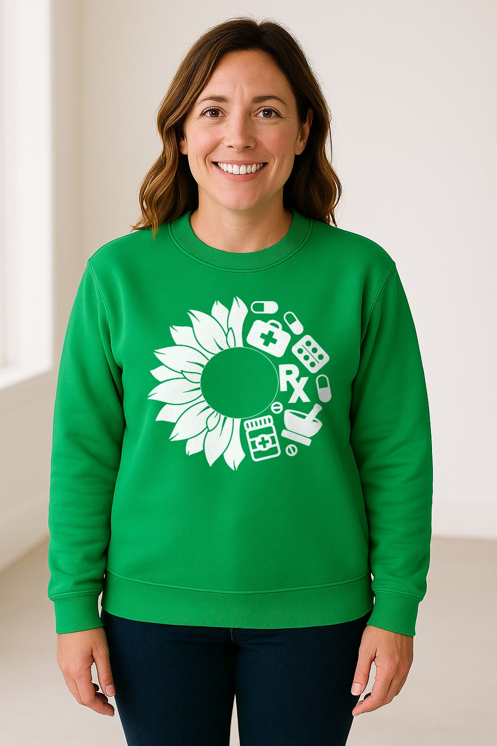 Pharmacy Technician Sweatshirt, Sunflower and Rx Medication Icon Design for Pharmacist Students