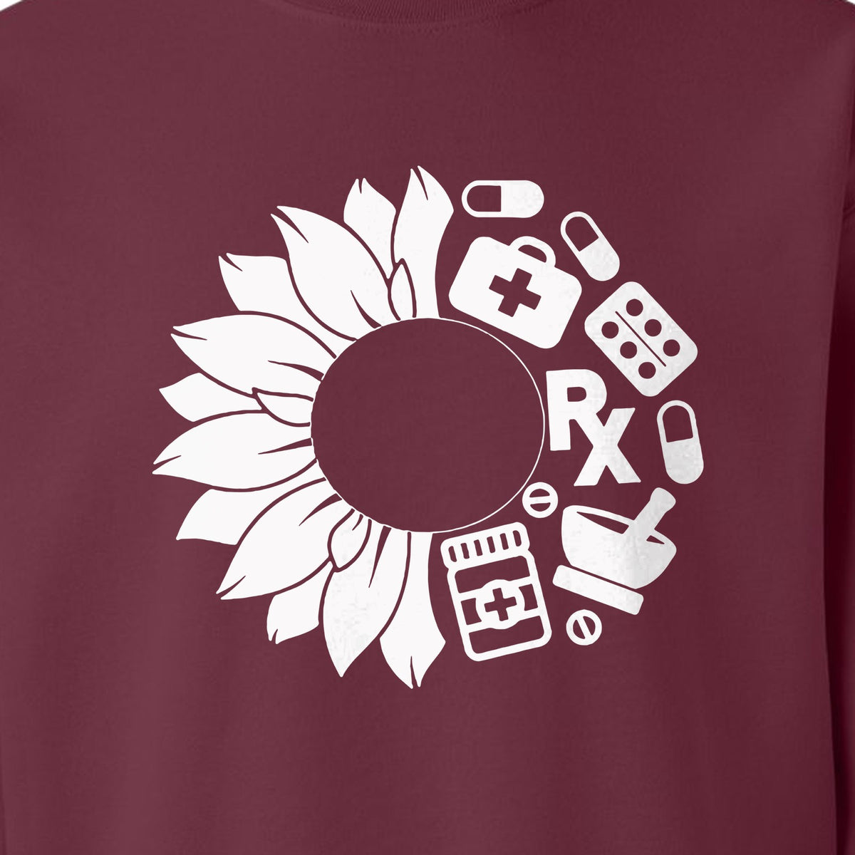 Pharmacy Technician Sweatshirt, Sunflower and Rx Medication Icon Design for Pharmacist Students