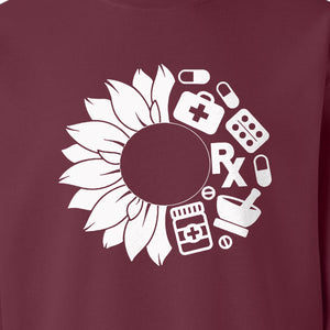 Pharmacy Technician Sweatshirt, Sunflower and Rx Medication Icon Design for Pharmacist Students