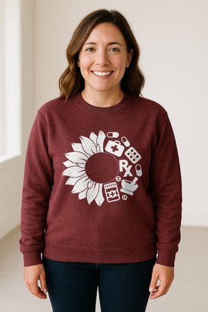 Pharmacy Technician Sweatshirt, Sunflower and Rx Medication Icon Design for Pharmacist Students
