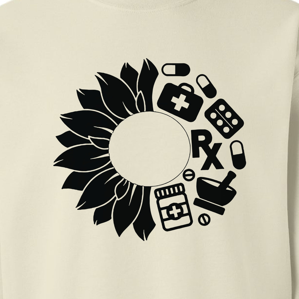 Pharmacy Technician Sweatshirt, Sunflower and Rx Medication Icon Design for Pharmacist Students