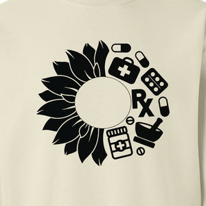 Pharmacy Technician Sweatshirt, Sunflower and Rx Medication Icon Design for Pharmacist Students