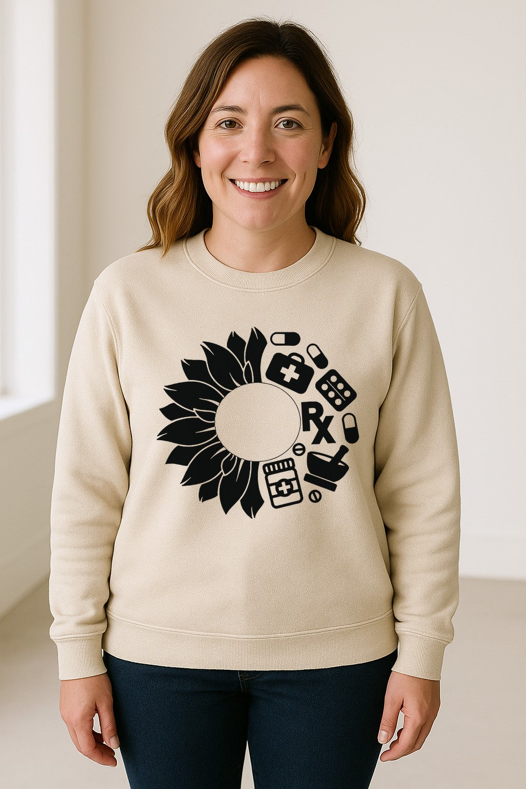 Pharmacy Technician Sweatshirt, Sunflower and Rx Medication Icon Design for Pharmacist Students