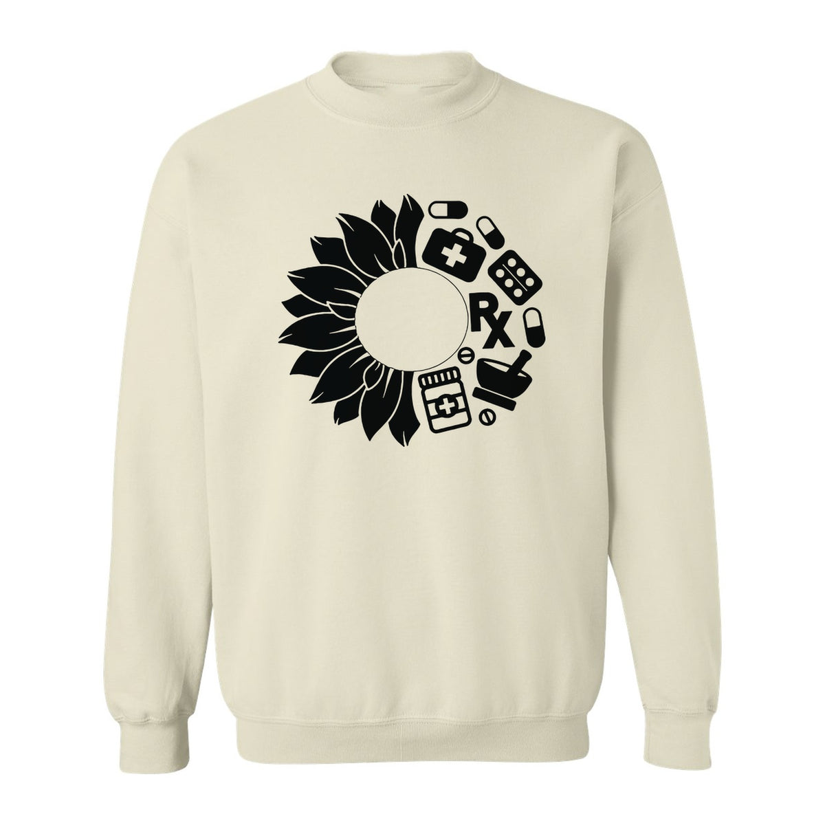 Pharmacy Technician Sweatshirt, Sunflower and Rx Medication Icon Design for Pharmacist Students