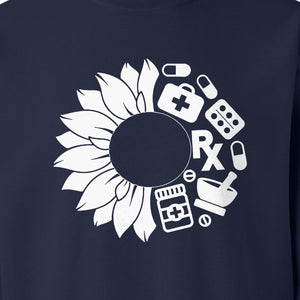 Pharmacy Technician Sweatshirt, Sunflower and Rx Medication Icon Design for Pharmacist Students
