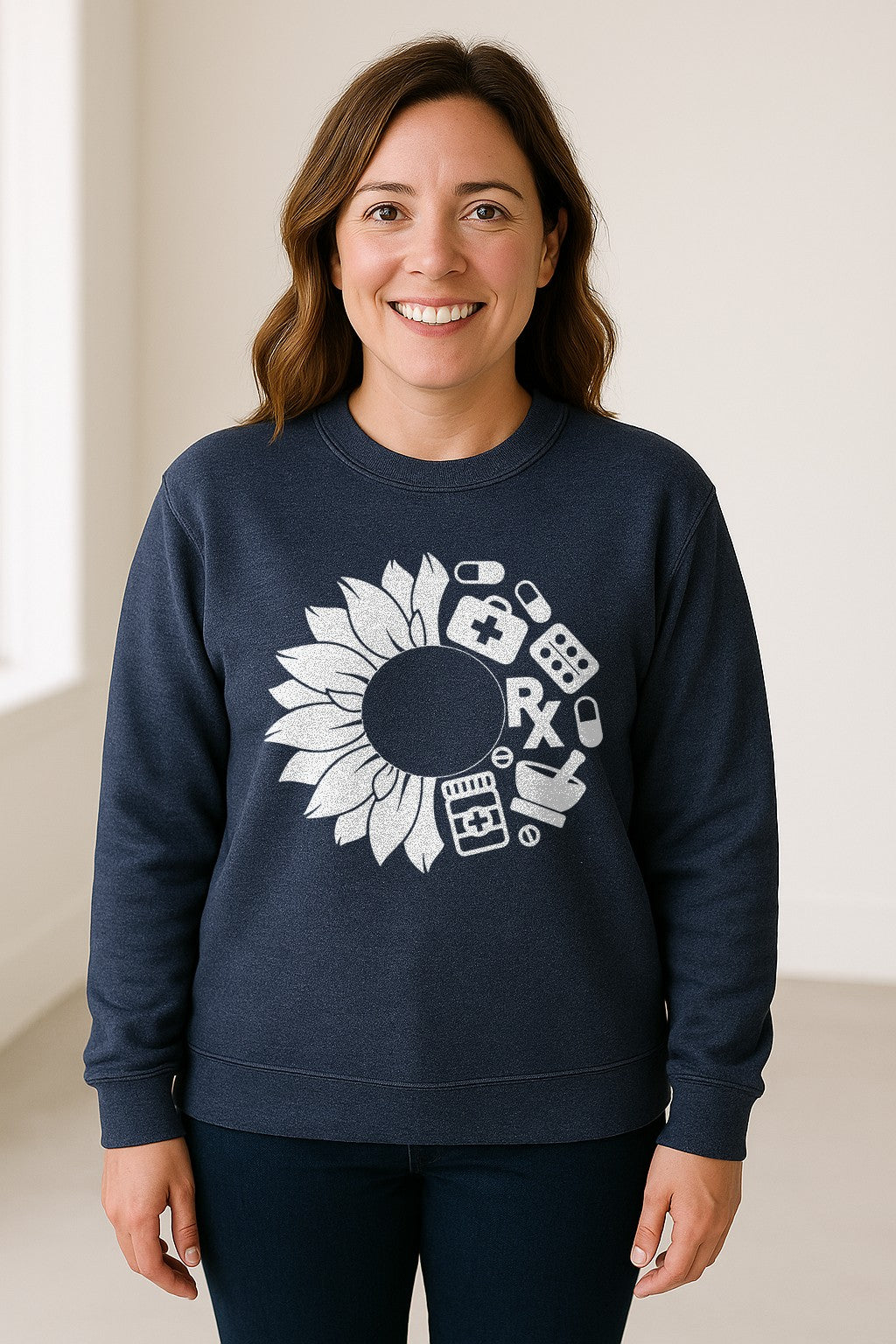Pharmacy Technician Sweatshirt, Sunflower and Rx Medication Icon Design for Pharmacist Students