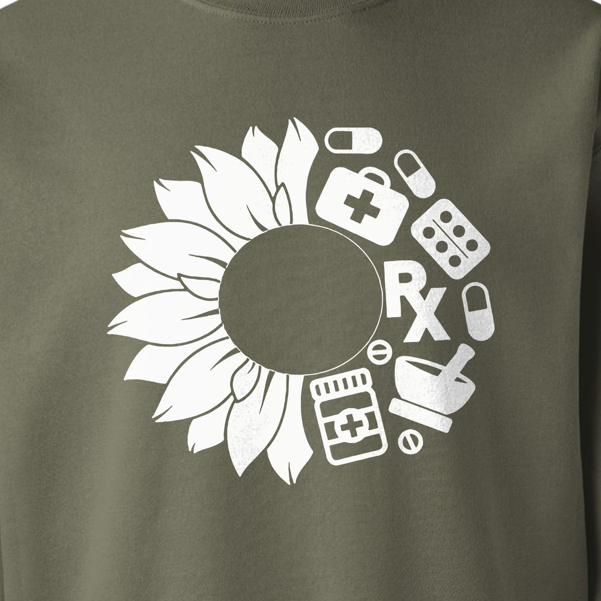 Pharmacy Technician Sweatshirt, Sunflower and Rx Medication Icon Design for Pharmacist Students