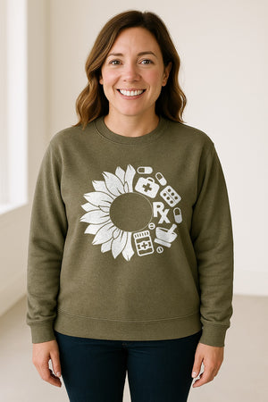 Pharmacy Technician Sweatshirt, Sunflower and Rx Medication Icon Design for Pharmacist Students