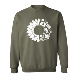 Pharmacy Technician Sweatshirt, Sunflower and Rx Medication Icon Design for Pharmacist Students