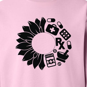 Pharmacy Technician Sweatshirt, Sunflower and Rx Medication Icon Design for Pharmacist Students