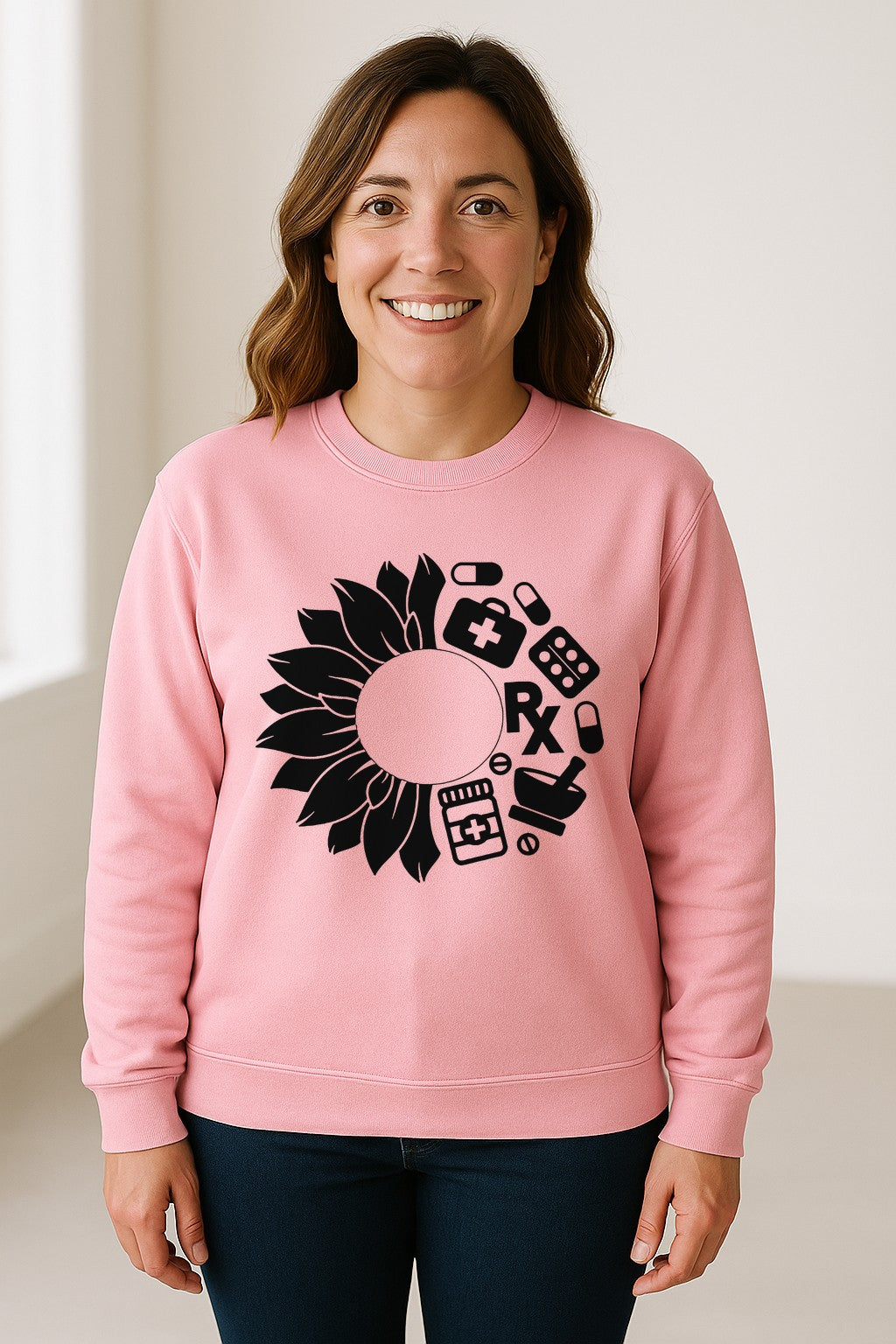 Pharmacy Technician Sweatshirt, Sunflower and Rx Medication Icon Design for Pharmacist Students