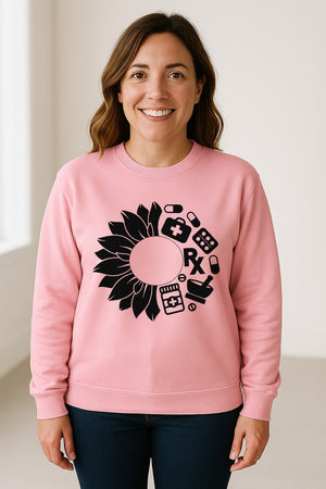 Pharmacy Technician Sweatshirt, Sunflower and Rx Medication Icon Design for Pharmacist Students