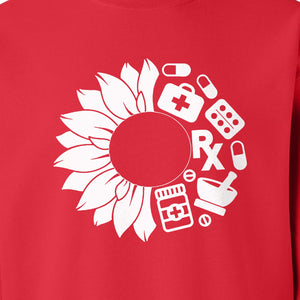Pharmacy Technician Sweatshirt, Sunflower and Rx Medication Icon Design for Pharmacist Students