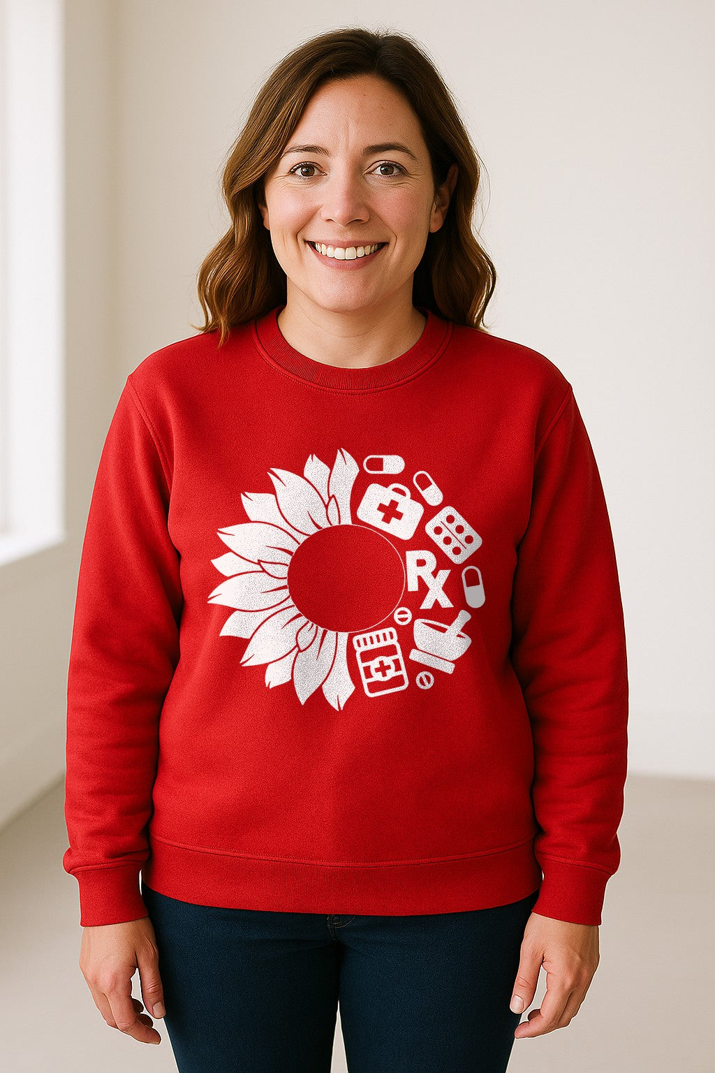 Pharmacy Technician Sweatshirt, Sunflower and Rx Medication Icon Design for Pharmacist Students