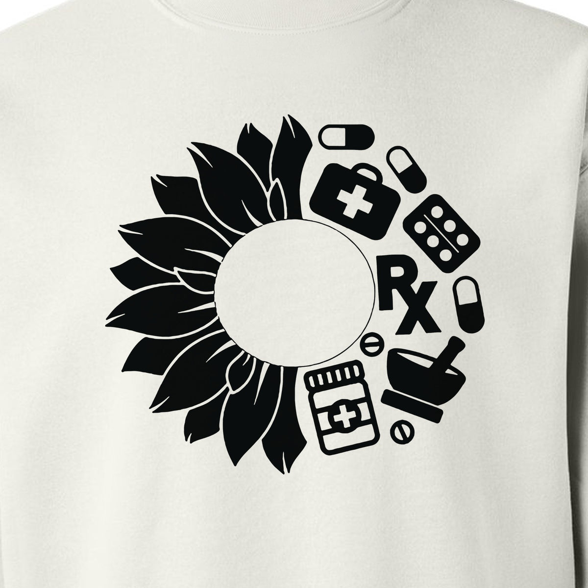 Pharmacy Technician Sweatshirt, Sunflower and Rx Medication Icon Design for Pharmacist Students