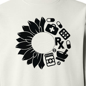 Pharmacy Technician Sweatshirt, Sunflower and Rx Medication Icon Design for Pharmacist Students