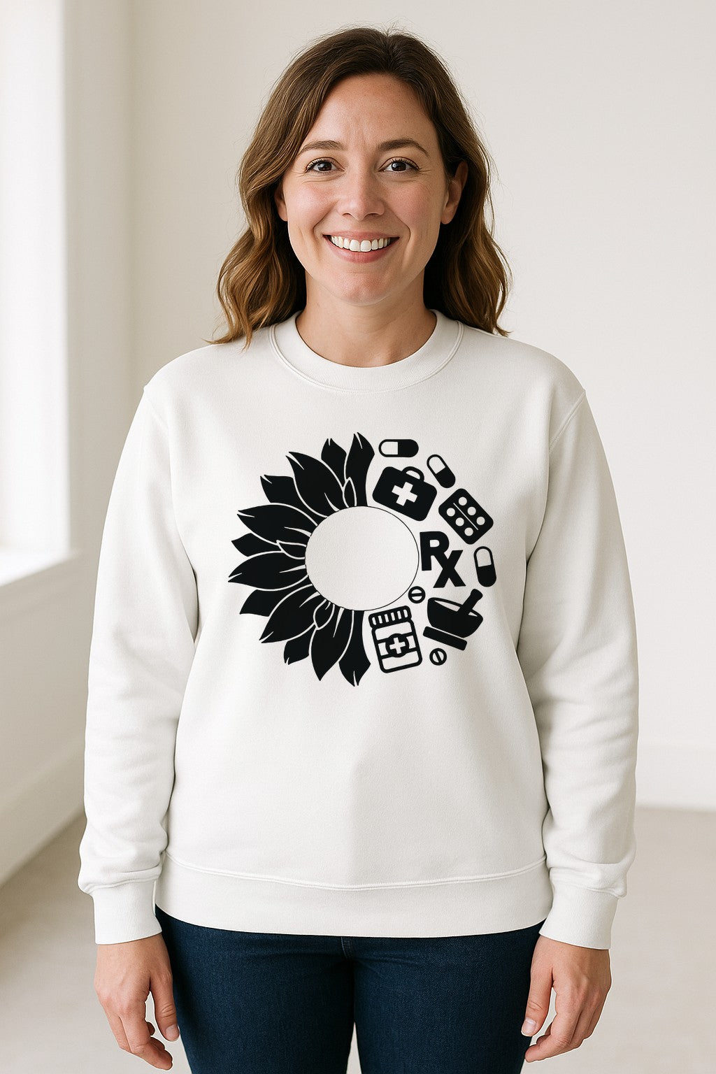 Pharmacy Technician Sweatshirt, Sunflower and Rx Medication Icon Design for Pharmacist Students
