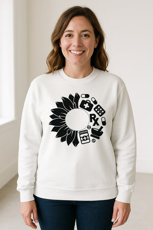 Pharmacy Technician Sweatshirt, Sunflower and Rx Medication Icon Design for Pharmacist Students