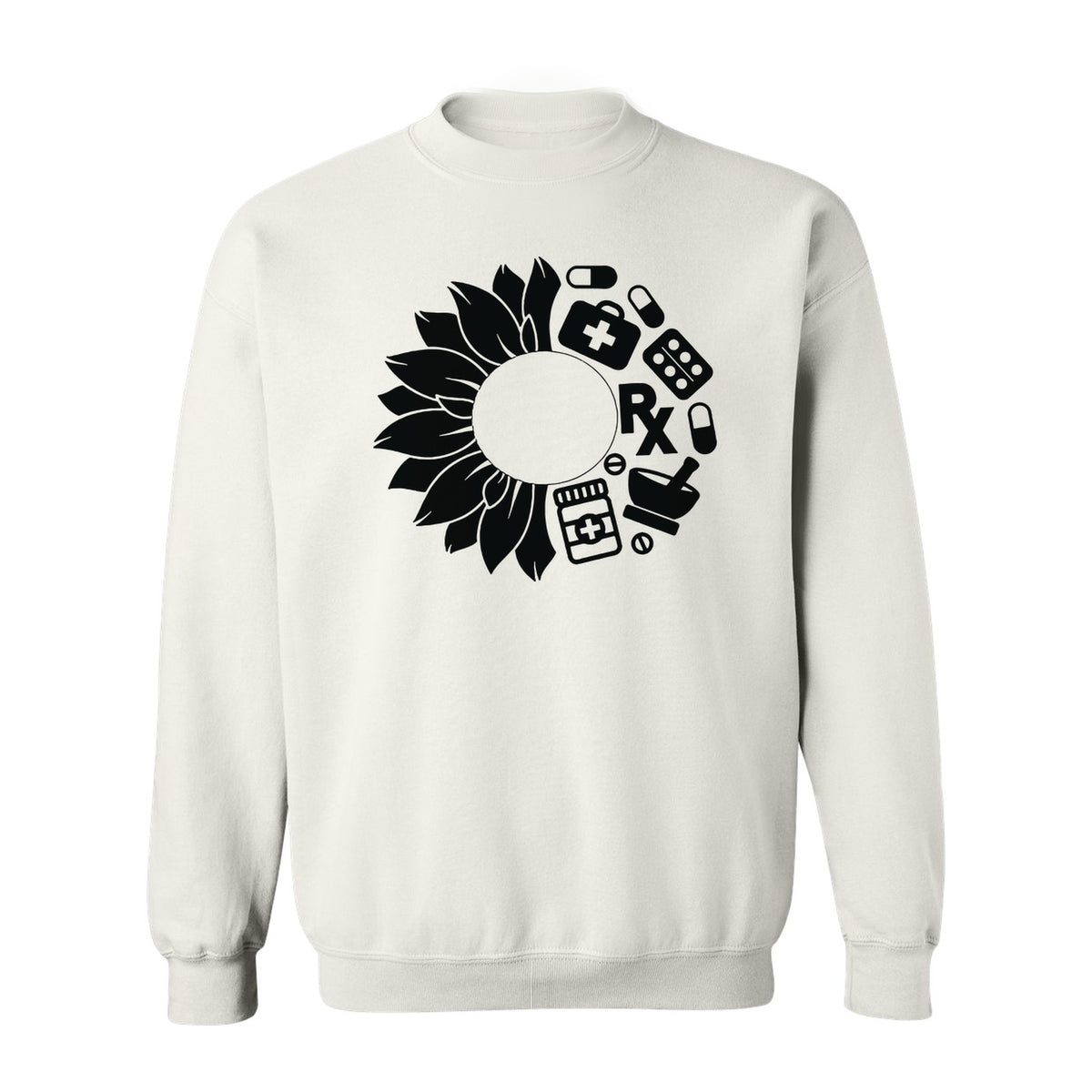 Pharmacy Technician Sweatshirt, Sunflower and Rx Medication Icon Design for Pharmacist Students