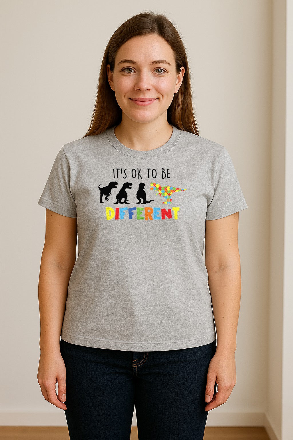 Autism Awareness T-Shirt, It's OK to Be Different Dinosaur Acceptance Design