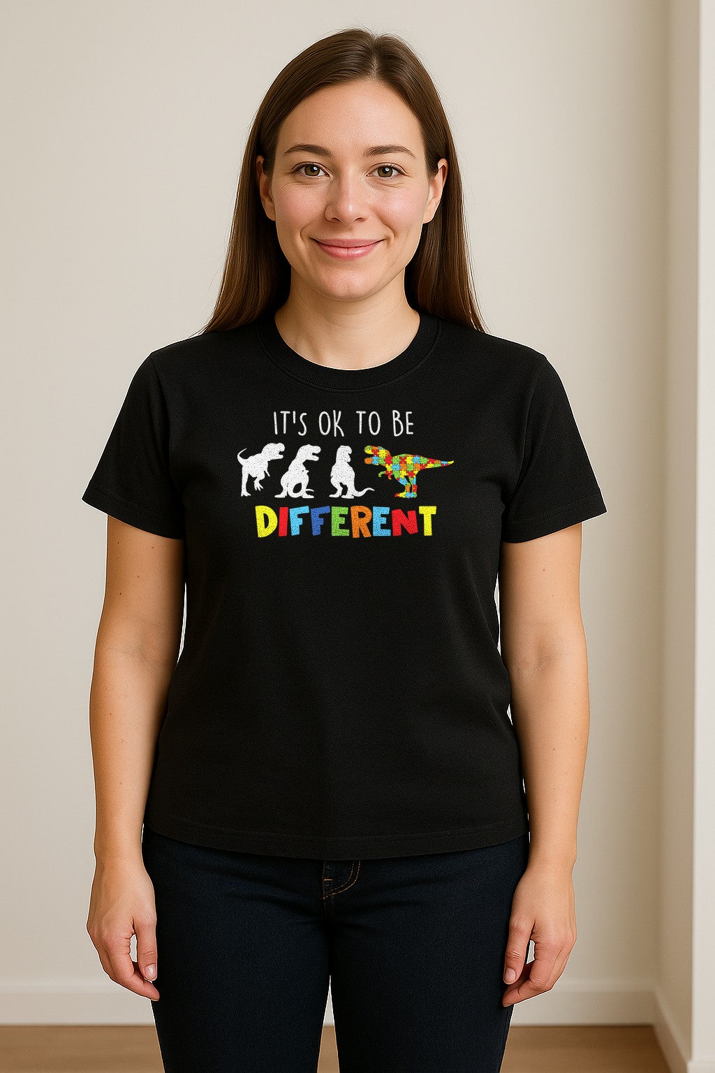 Autism Awareness T-Shirt, It's OK to Be Different Dinosaur Acceptance Design