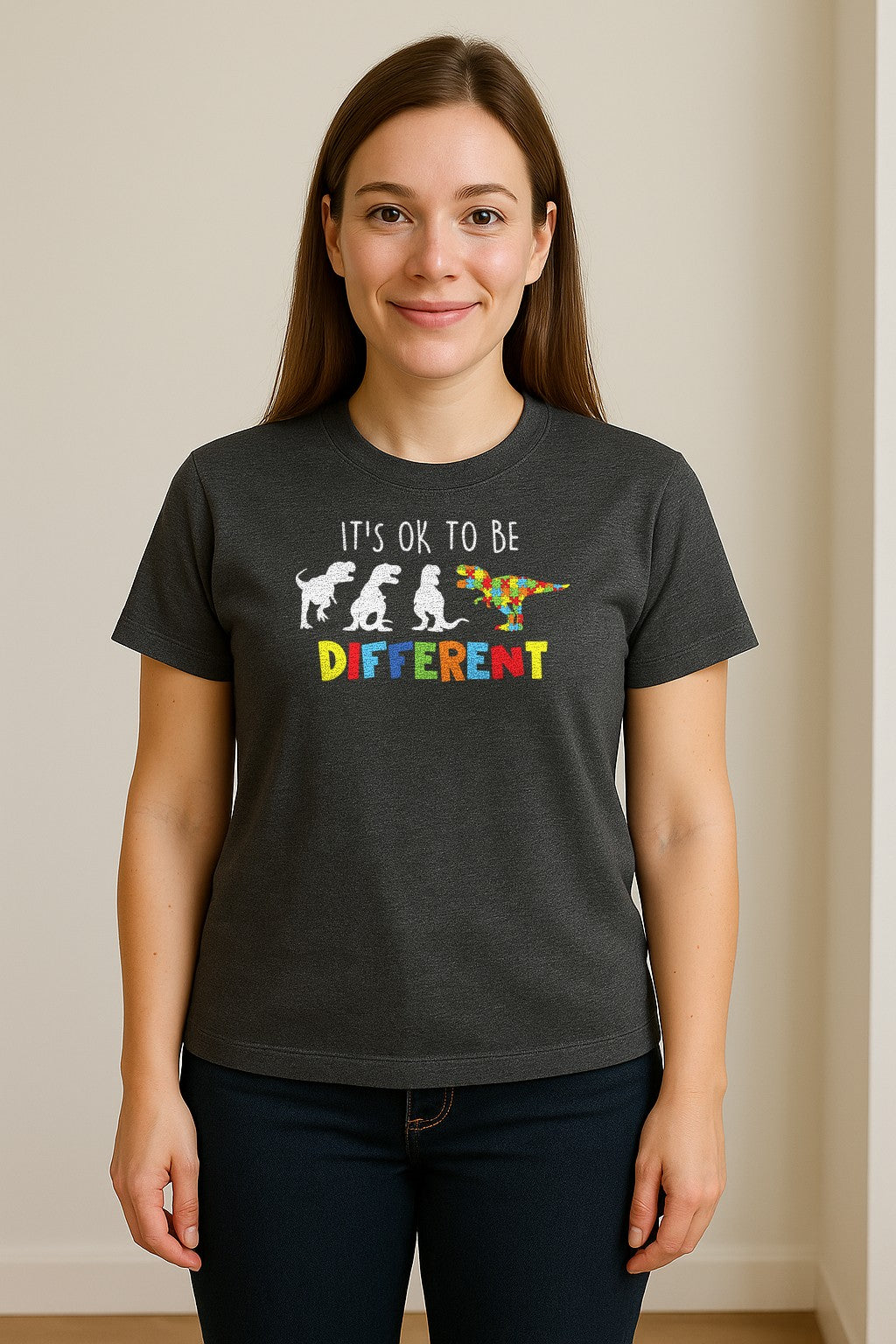 Autism Awareness T-Shirt, It's OK to Be Different Dinosaur Acceptance Design