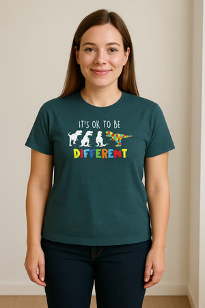 Autism Awareness T-Shirt, It's OK to Be Different Dinosaur Acceptance Design