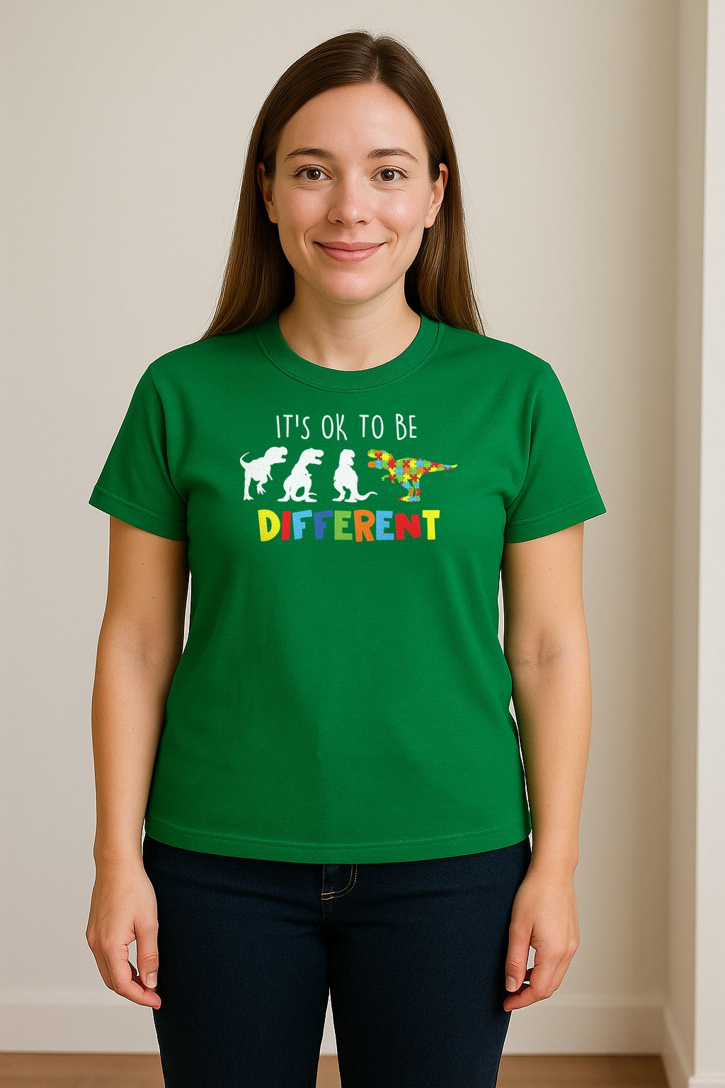 Autism Awareness T-Shirt, It's OK to Be Different Dinosaur Acceptance Design