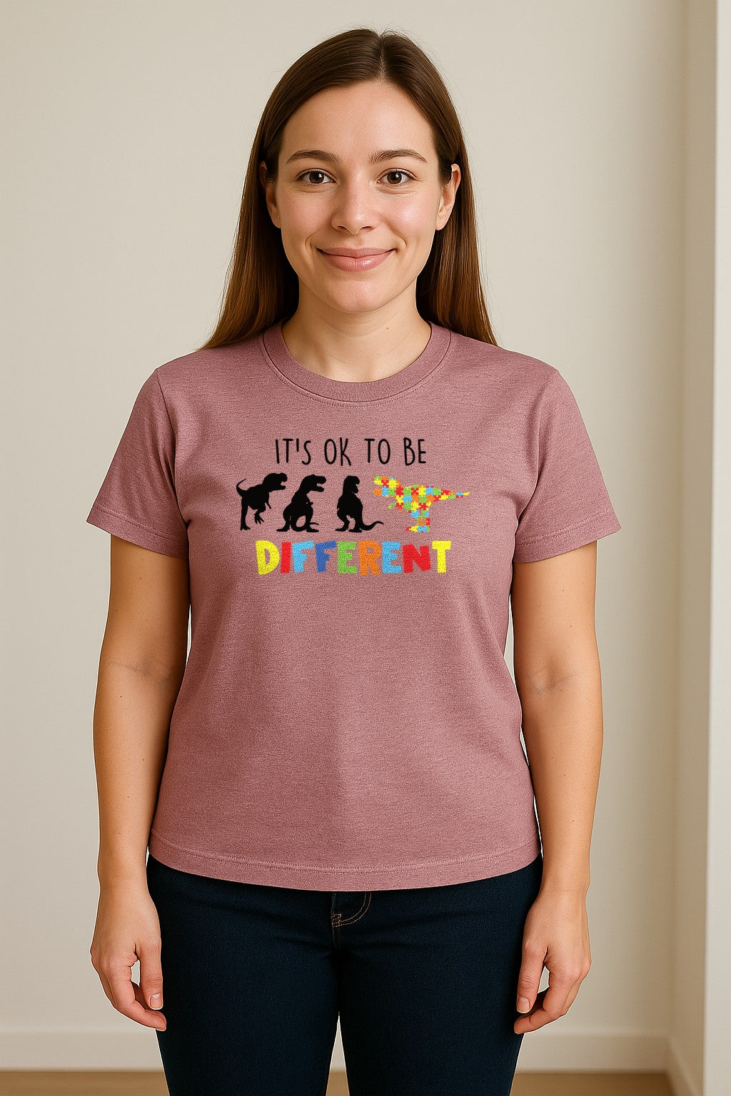 Autism Awareness T-Shirt, It's OK to Be Different Dinosaur Acceptance Design