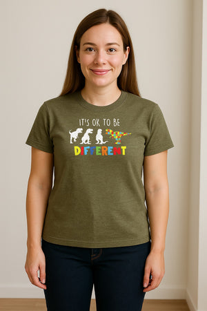 Autism Awareness T-Shirt, It's OK to Be Different Dinosaur Acceptance Design