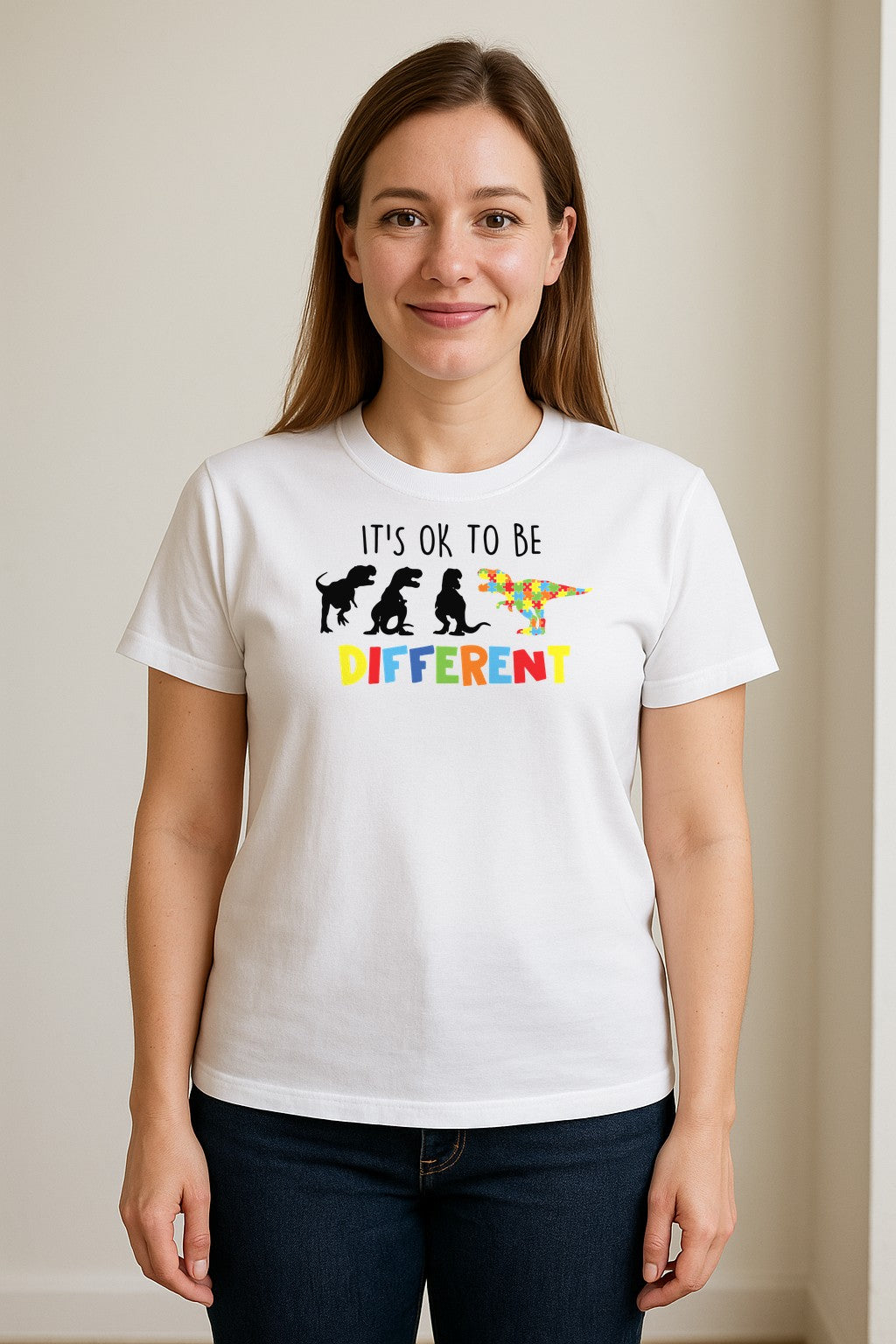Autism Awareness T-Shirt, It's OK to Be Different Dinosaur Acceptance Design