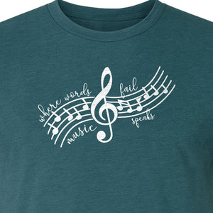 Music Speaks T-Shirt, Treble Clef and Notes Design for Musicians and Band Teachers