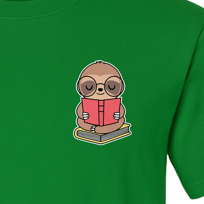 Sloth Reading T-Shirt, Cute Book Lover Pocket Print Tee for Bookworms and Library Fans