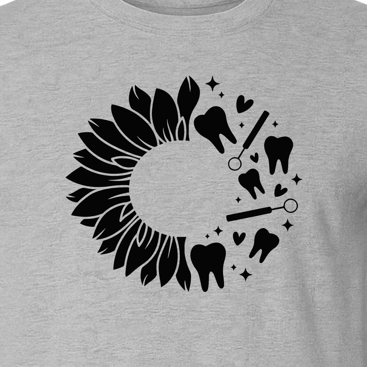 Dentist T-Shirt, Sunflower and Dental Tools Graphic for Hygienists, Students and Clinic Staff