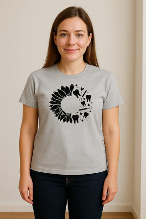 Dentist T-Shirt, Sunflower and Dental Tools Graphic for Hygienists, Students and Clinic Staff
